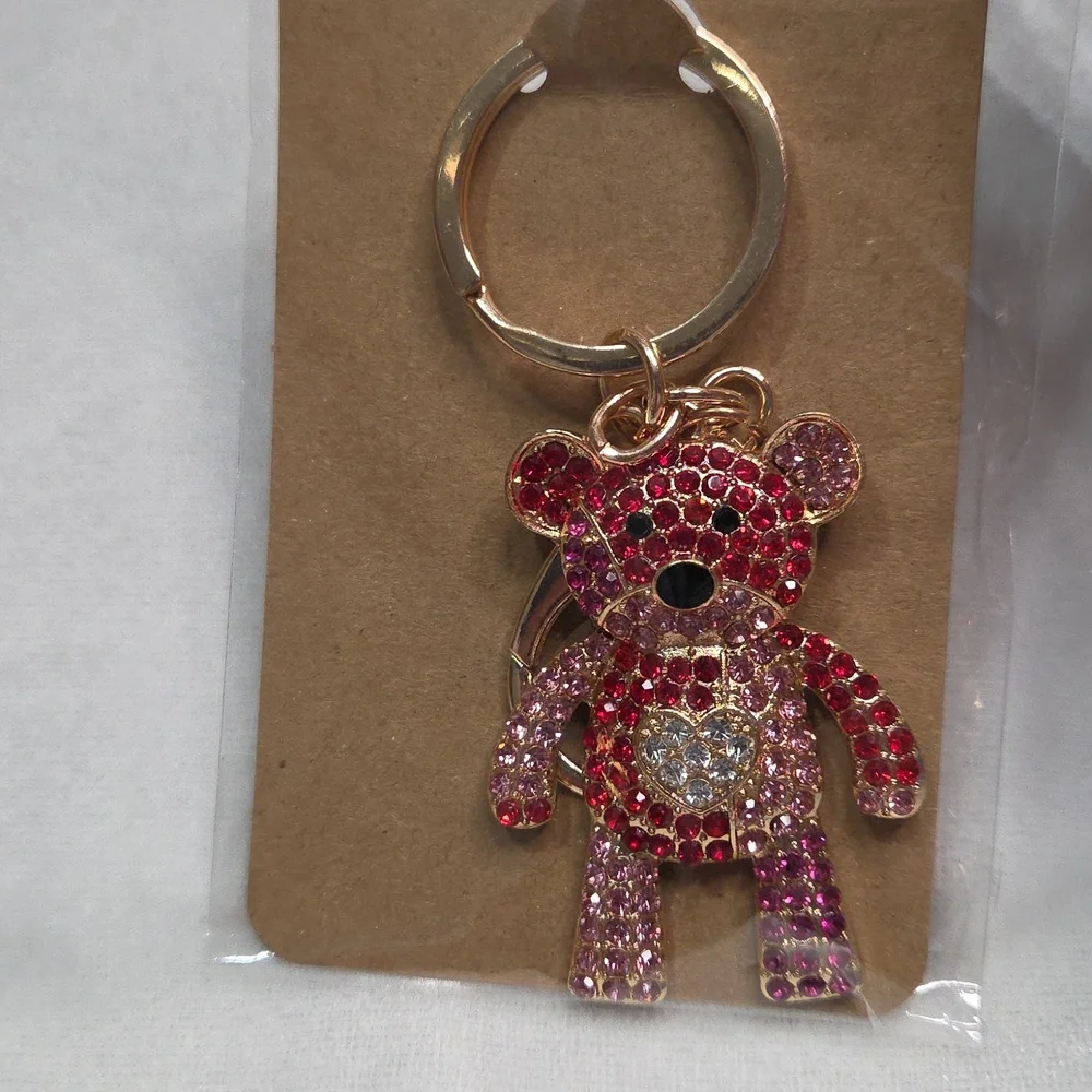 Red Pink Teddy Bear Keychain Bag Charm Purse Charm Rhinestones Crystals New